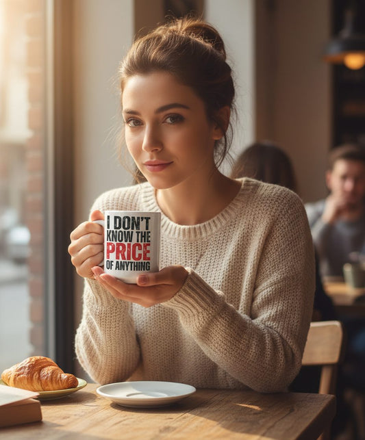 I DON'T KNOW THE PRICE OF Anything Funny Sarcastic Humor White Mug - lifestyle model mockup - White
