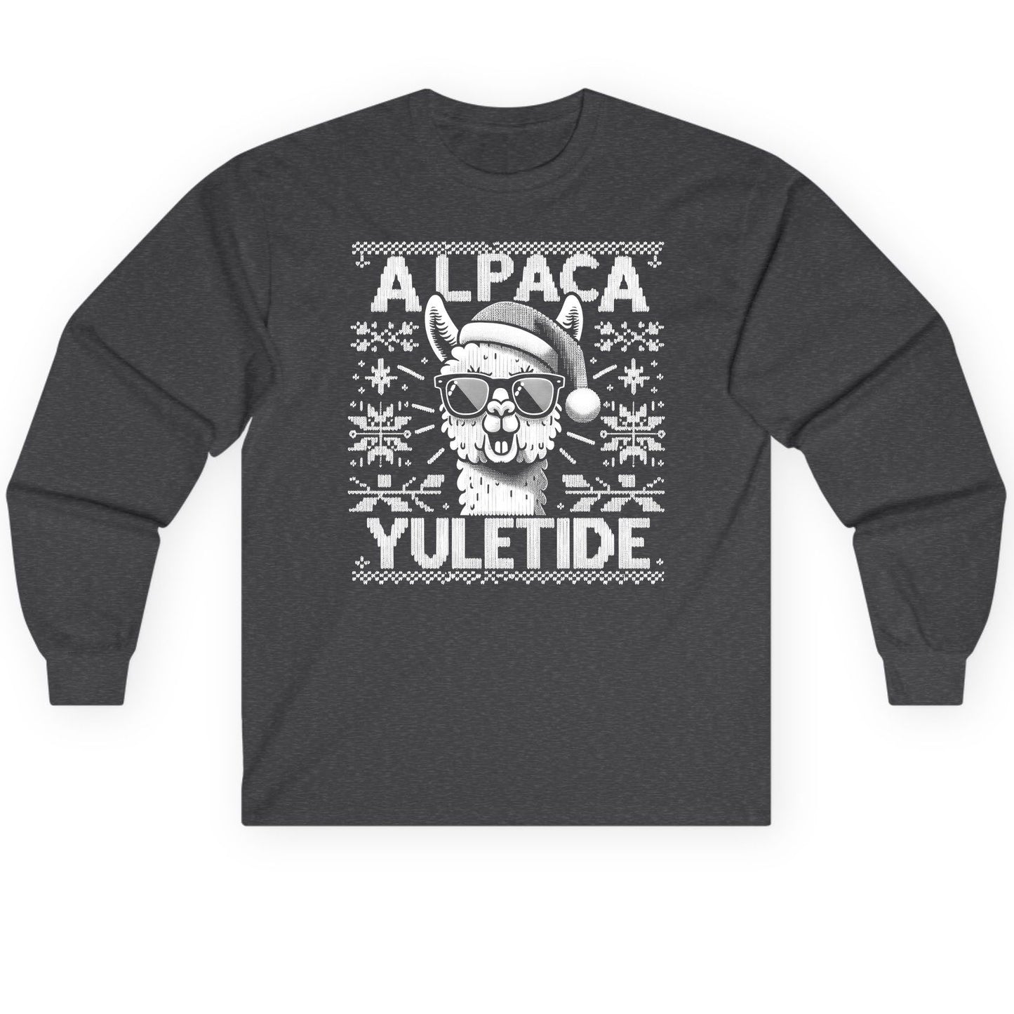 ALPACA Yuletide Funny Lovers Long Sleeve Tee - product mockup - Dark Heather