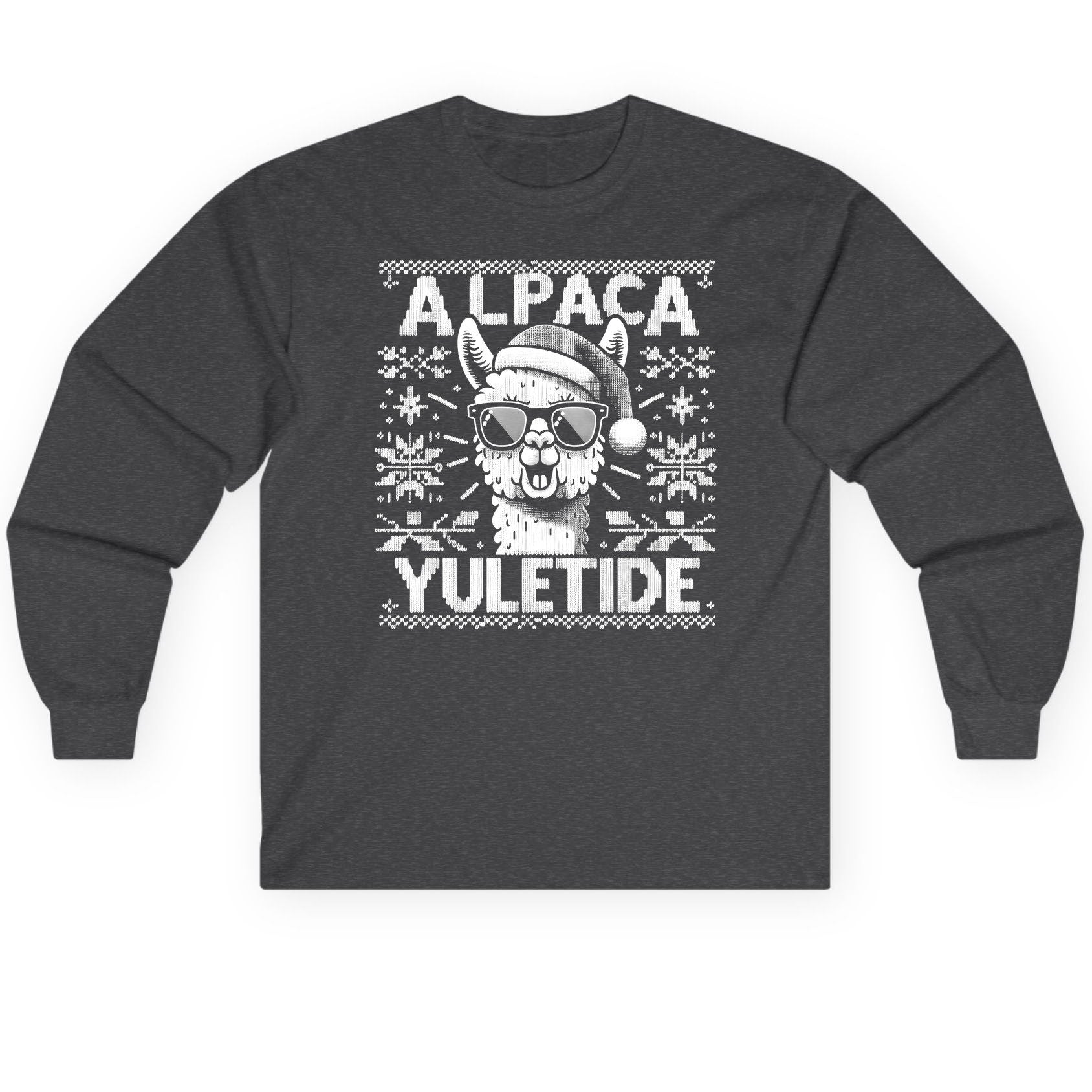 ALPACA Yuletide Funny Lovers Long Sleeve Tee - product mockup - Dark Heather