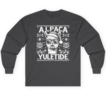 ALPACA Yuletide Funny Lovers Long Sleeve Tee - product mockup - Dark Heather