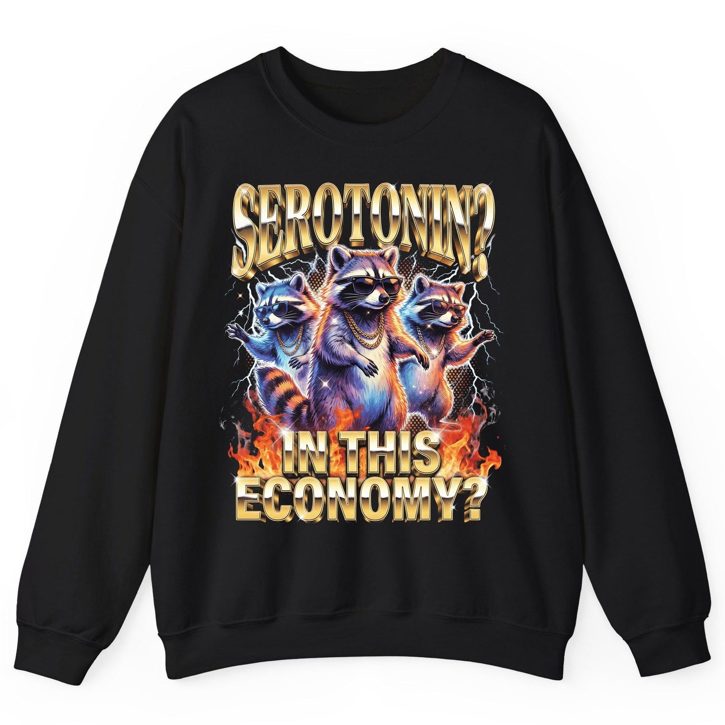 Serotonin in This Economy? raccoon Sweatshirt Black product mockup
