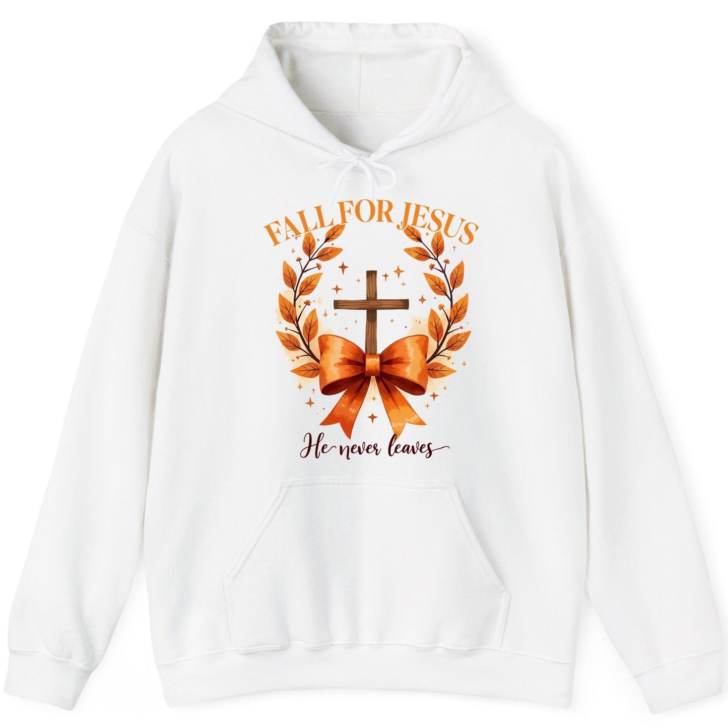 Fall for Jesus He Never Leaves christian faith Hoodie White product mockup