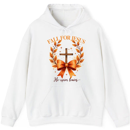 Fall for Jesus He Never Leaves christian faith Hoodie White product mockup