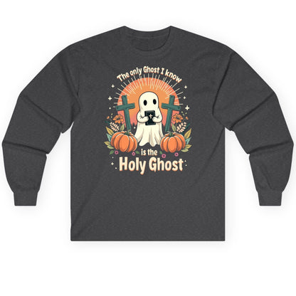 The Only Ghost I Know Is the Holy Ghost christian Halloween Long Sleeve Tee Dark Heather product mockup