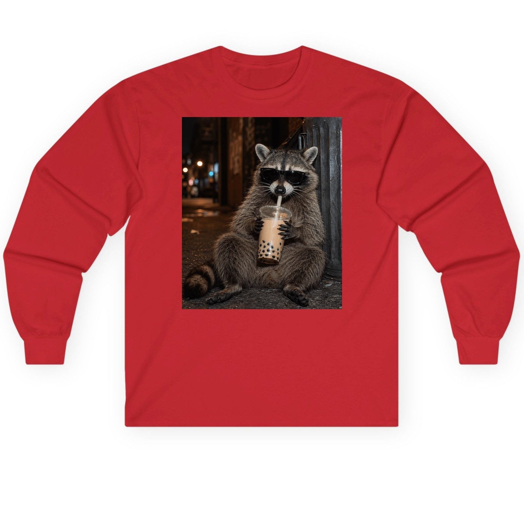 Cool Raccoon Bubble Tea Funny Lovers Long Sleeve Tee - product mockup - Red