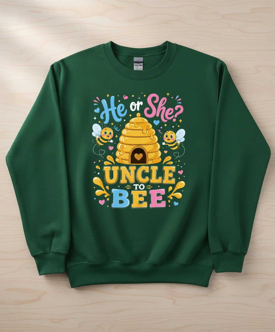He or She Uncle to Bee Gender Reveal Sweatshirt - product mockup - Forest Green