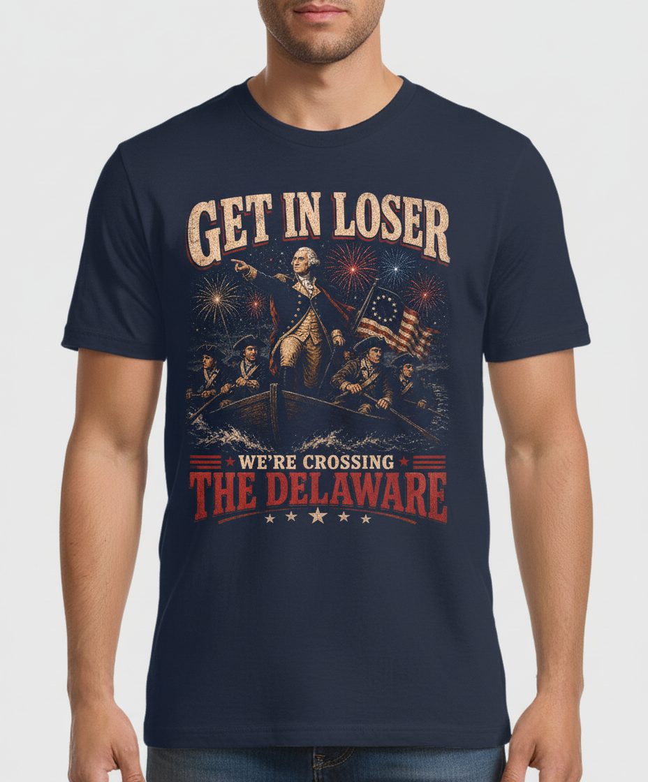 GET IN LOSER WE'RE Crossing THE Delaware T-Shirt - product mockup - Navy