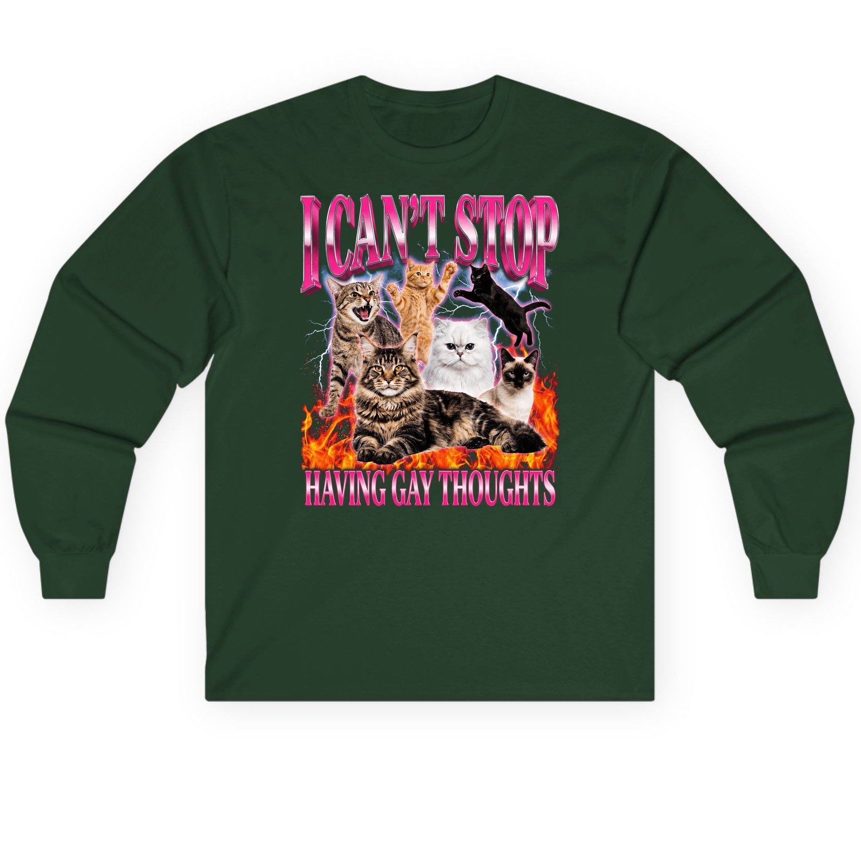 I Can't Stop Having Gay Thoughts cats Long Sleeve Tee Forest Green product mockup