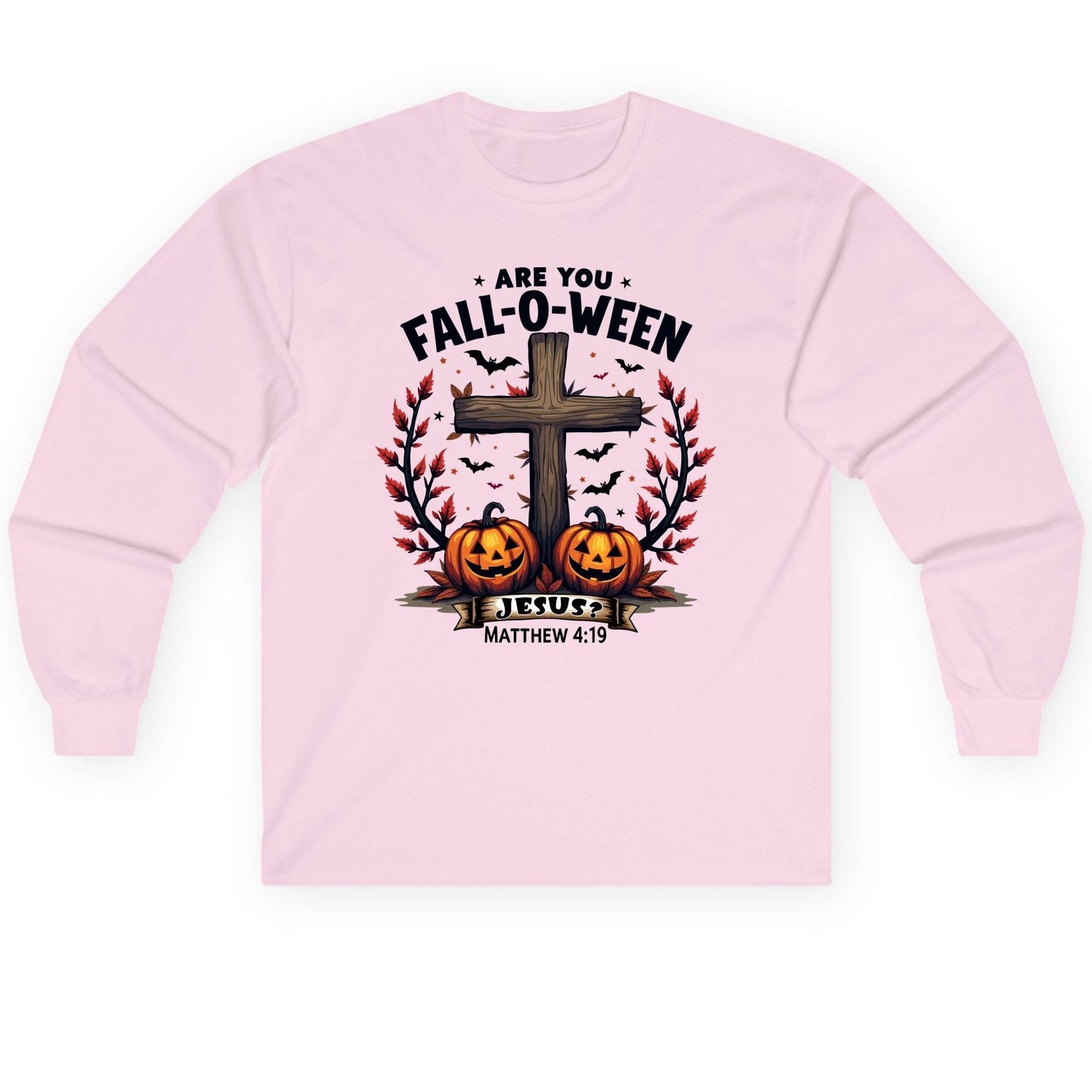 Are You Fall-O-Ween Jesus? christian Halloween Long Sleeve Tee Light Pink product mockup