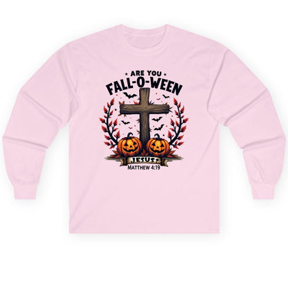 Are You Fall-O-Ween Jesus? christian Halloween Long Sleeve Tee Light Pink product mockup