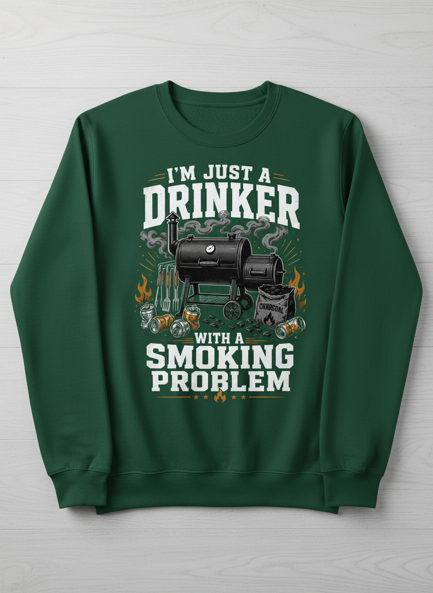 I'M JUST A DRINKER WITH A SMOKING PROBLEM Funny Drinker With A Smoking Problem BBQ Sweatshirt - product mockup - Forest Green