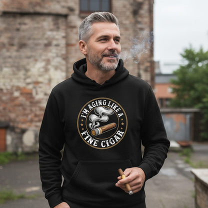 I'm Aging Like a Fine Cigar cigar smoking Hoodie Black lifestyle mockup