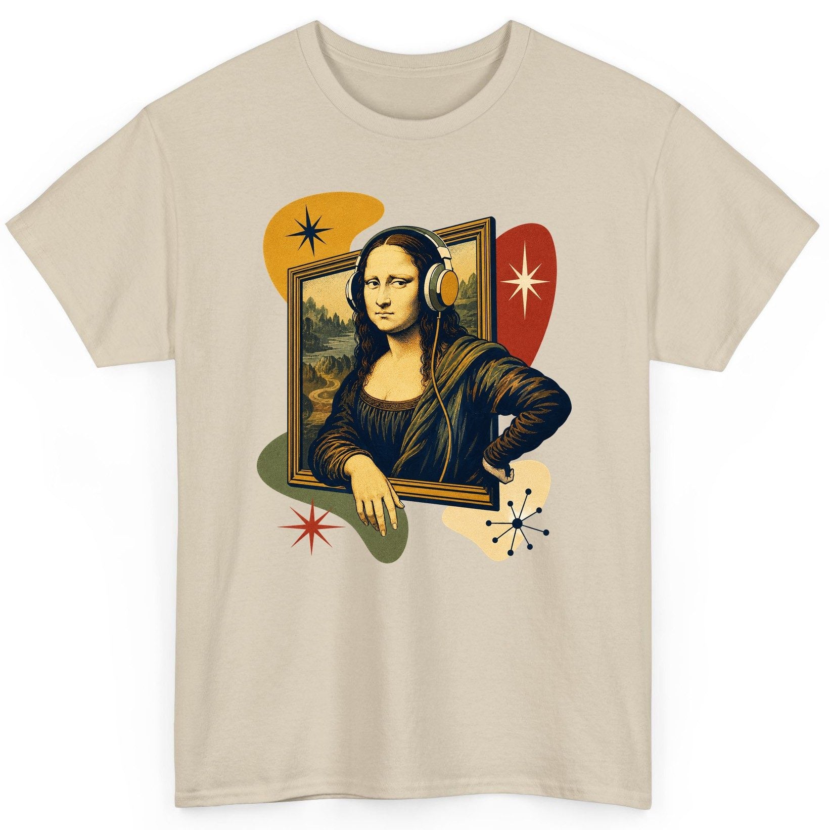 Retro Mona Lisa with Headphones Funny Art Lovers T-Shirt - product mockup - Sand