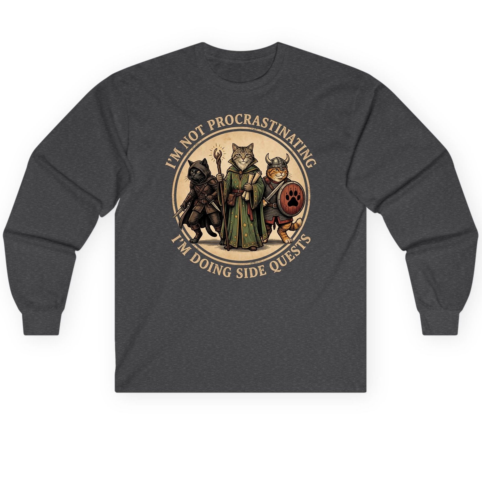 I'm Not Procrastinating I'm Doing Side Quests rpg cats Long Sleeve Tee Dark Heather product mockup