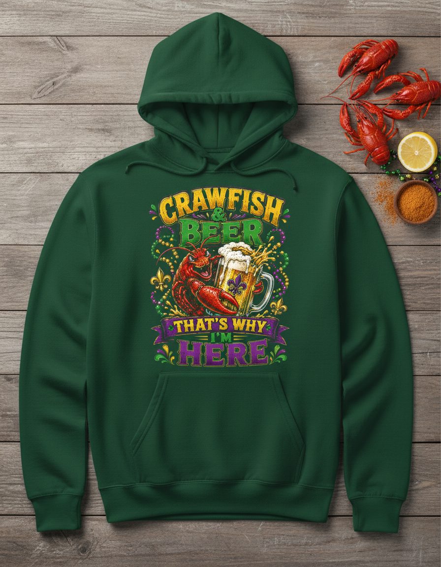 Crawfish & Beer That's Why I'm Here Funny Boil Hoodie - product mockup - Forest Green