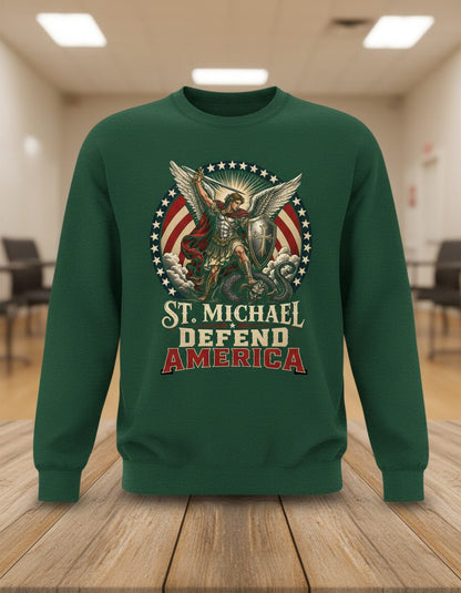 St Michael Defend America Patriotic Christian Sweatshirt - product mockup - Forest Green