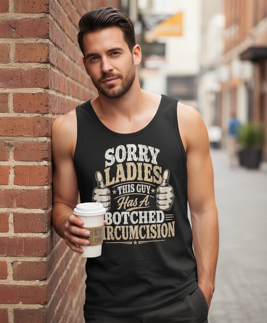 SORRY LADIES THIS GUY Has a Botched Circumcision Tank Top - lifestyle model mockup - Black