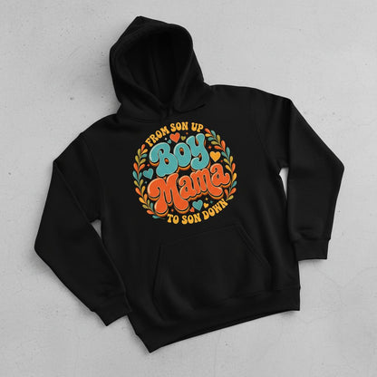 From Son Up to Son Down Boy Mama Retro Mothers of Sons Hoodie - product mockup - Black