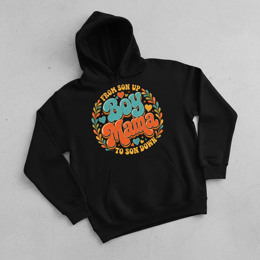 From Son Up to Son Down Boy Mama Retro Mothers of Sons Hoodie - product mockup - Black