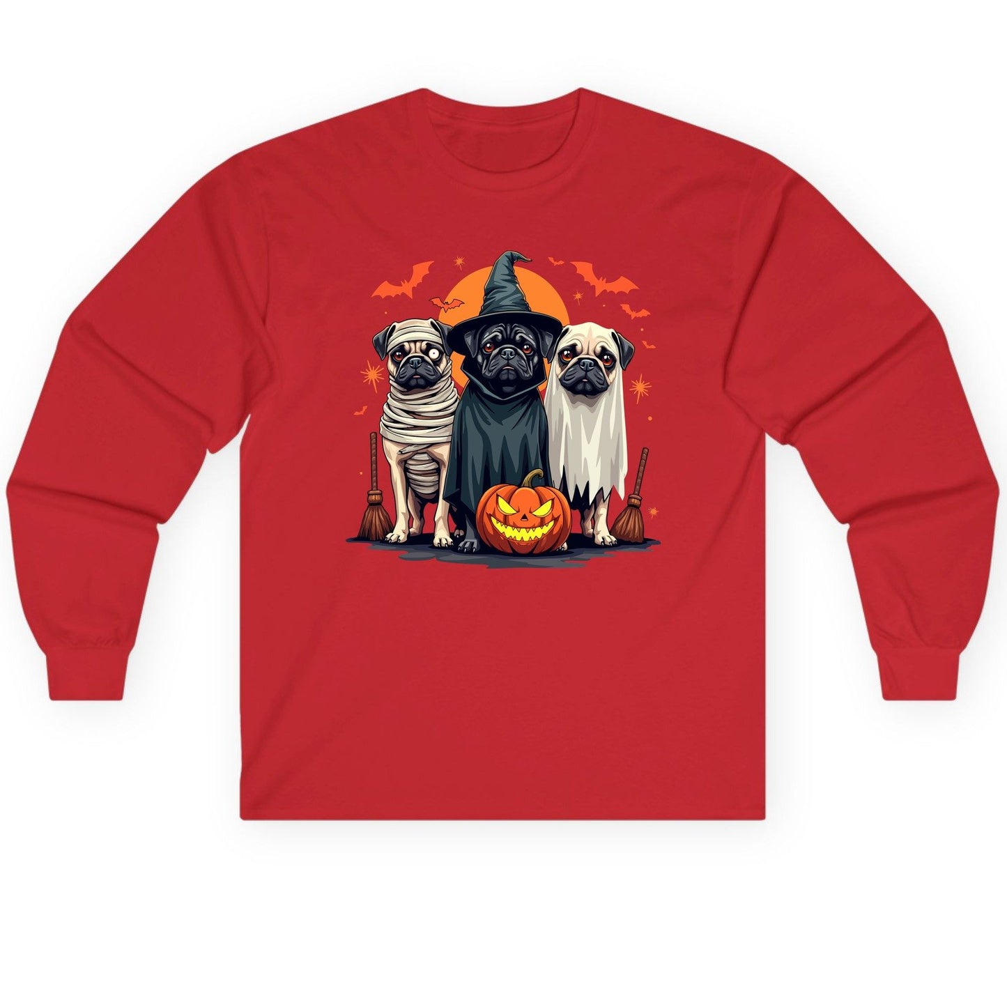 Halloween Pugs Costumes pugs Long Sleeve Tee Red product mockup