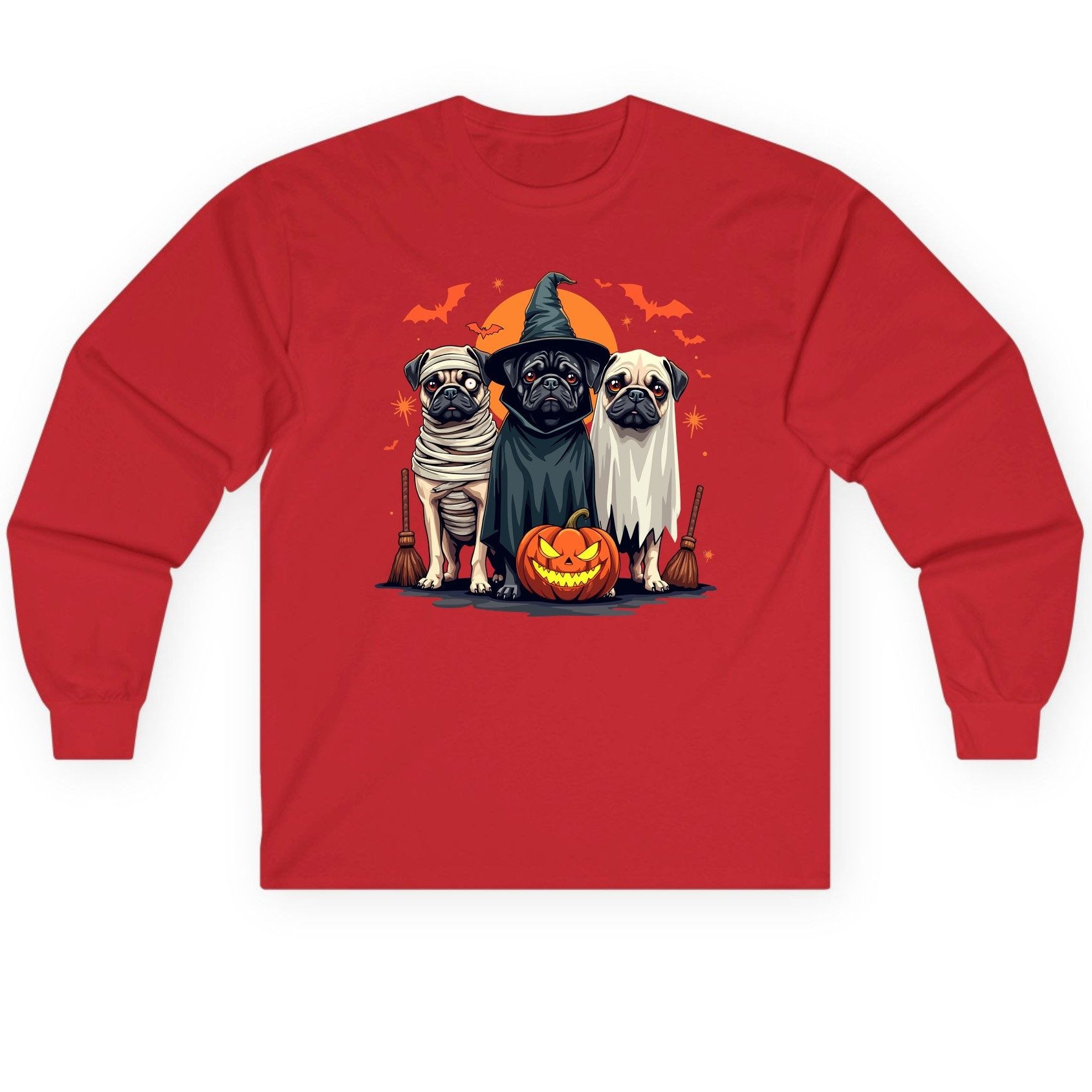Halloween Pugs Costumes pugs Long Sleeve Tee Red product mockup
