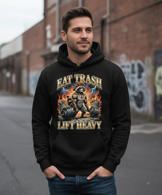 Eat Trash Lift Heavy raccoon Hoodie Black lifestyle mockup