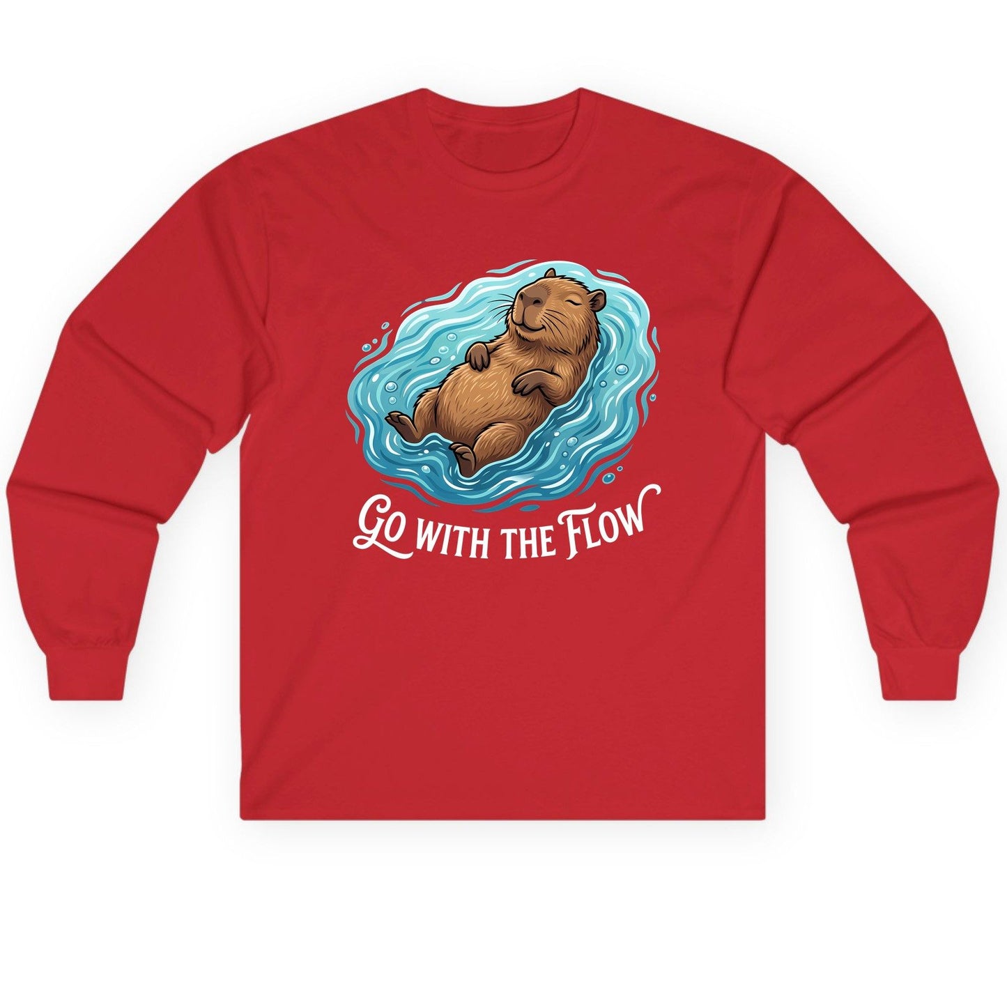 Go WITH THE Flow Funny Capybara Long Sleeve Tee - product mockup - Red