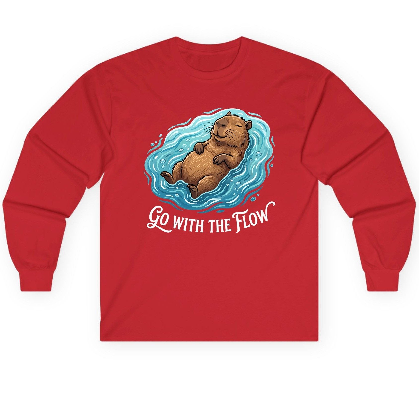 Go WITH THE Flow Funny Capybara Long Sleeve Tee - product mockup - Red