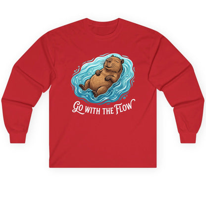 Go WITH THE Flow Funny Capybara Long Sleeve Tee - product mockup - Red