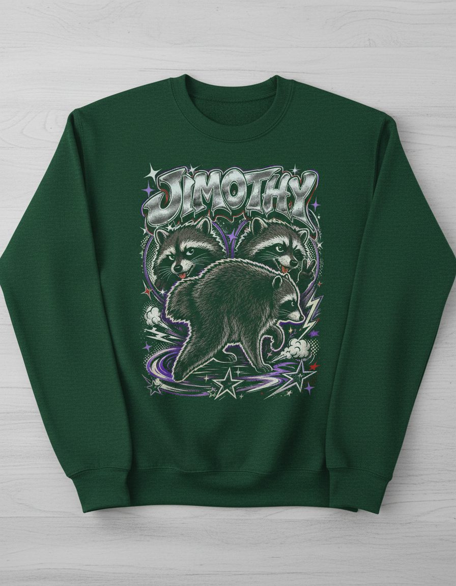 Jimothy Funny Raccoon Sweatshirt - product mockup - Forest Green
