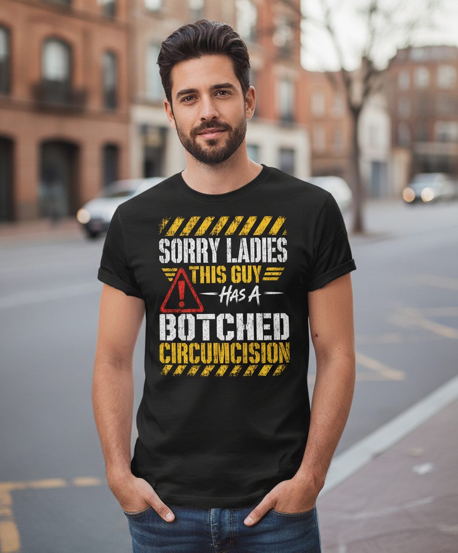 Sorry Ladies This Guy Has a Botched Circumcision T-Shirt - lifestyle model mockup - Black