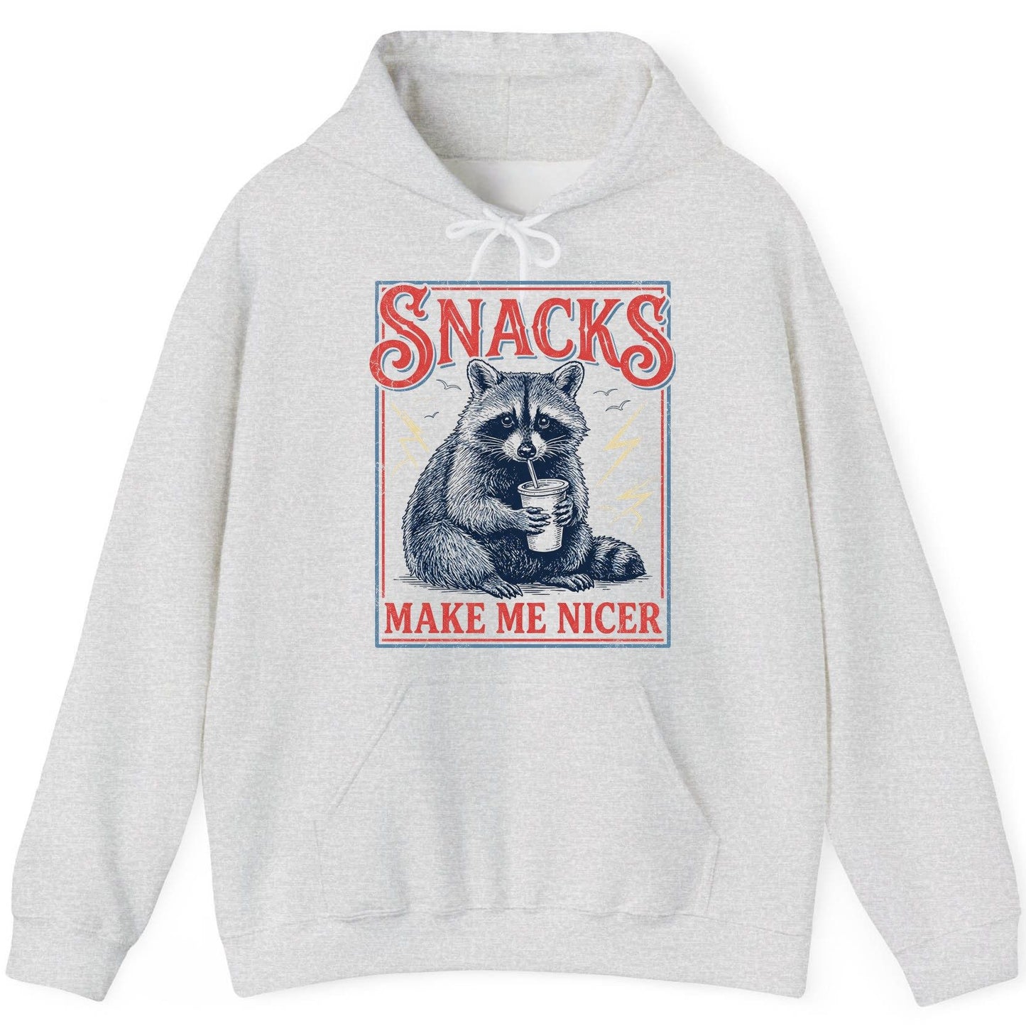 SNACKS MAKE ME NICER Funny Raccoon Hoodie - product mockup - Ash