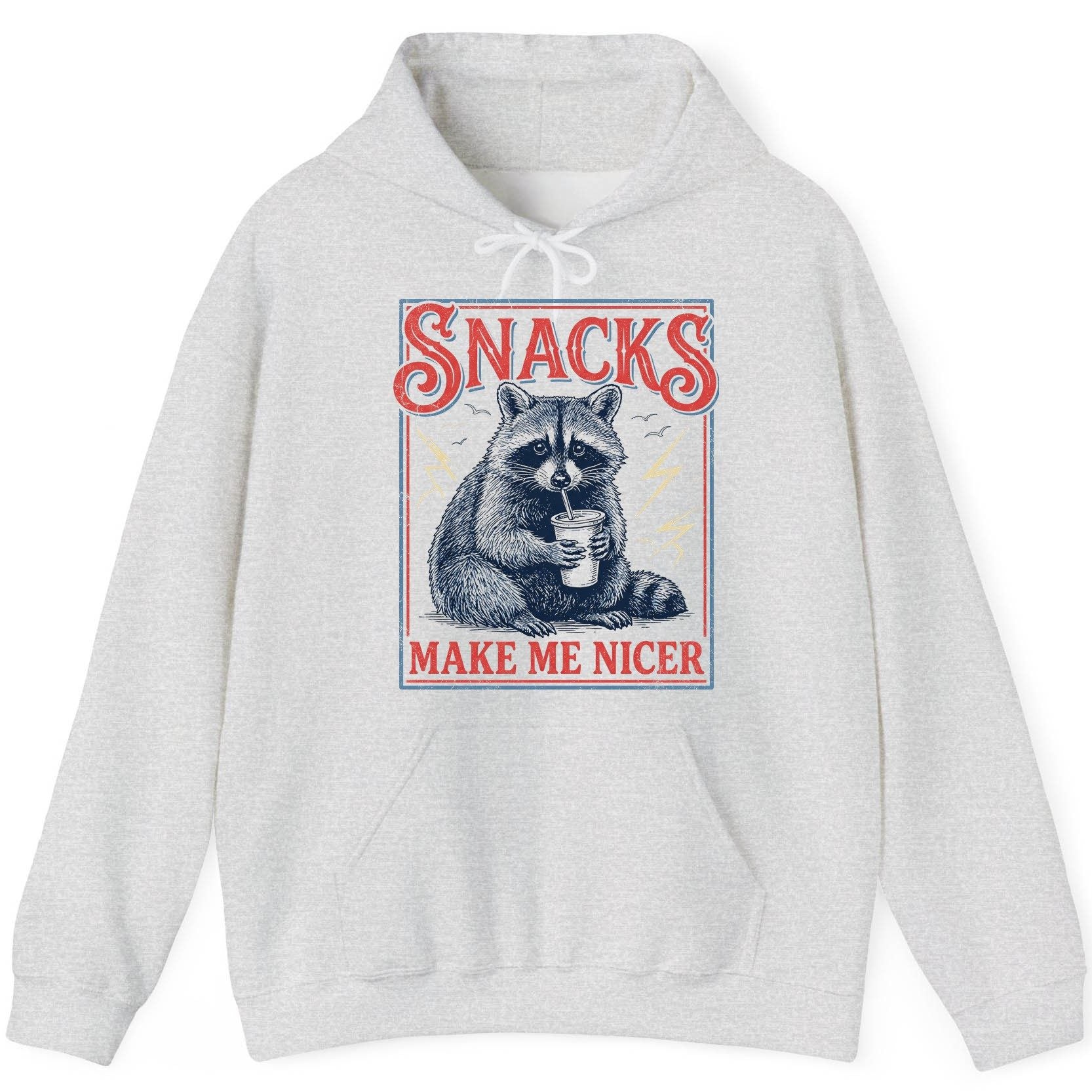 SNACKS MAKE ME NICER Funny Raccoon Hoodie - product mockup - Ash