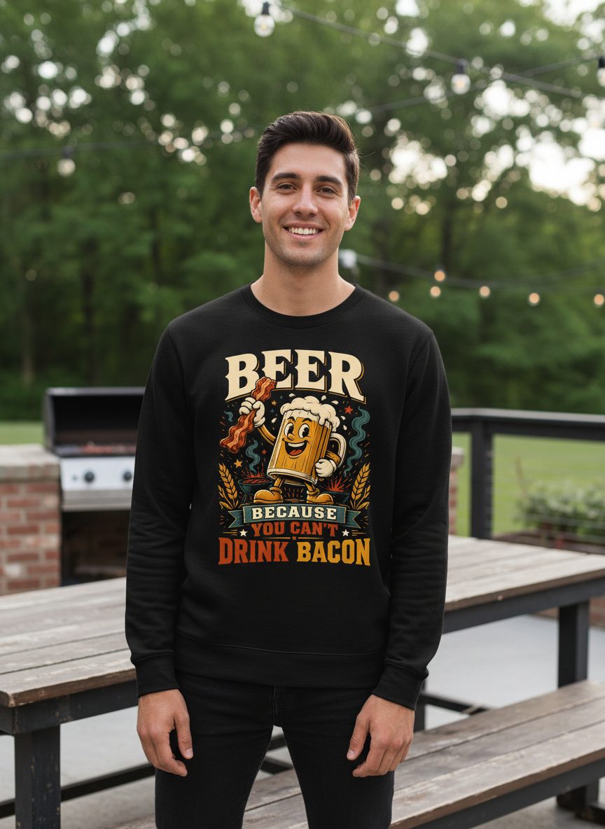Cant Drink Bacon Beer Funny And Sweatshirt - lifestyle model mockup - Black