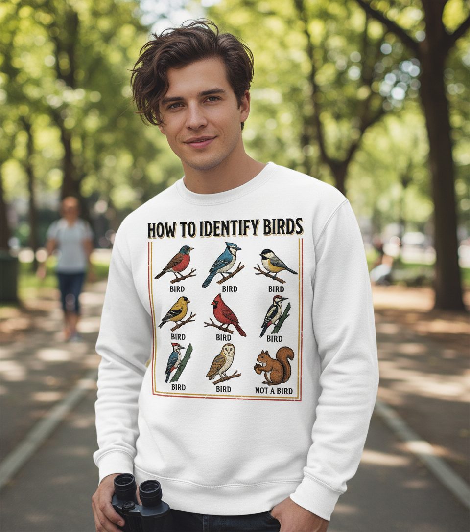 How to Identify Birds Funny Birdwatching Sweatshirt - lifestyle model mockup - White