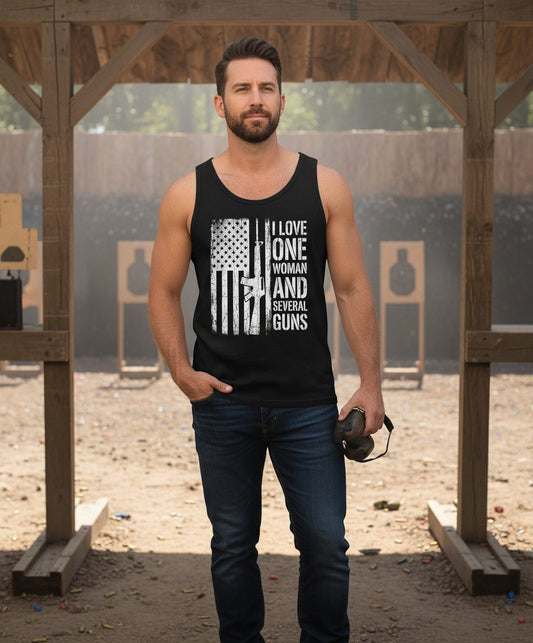 I LOVE ONE WOMAN AND Several GUNS Funny Pro-Gun Tank Top - lifestyle model mockup - Black
