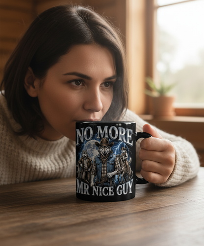 No More Mr Nice Guy Cowboy Wolf Black Mug - lifestyle model mockup - Black