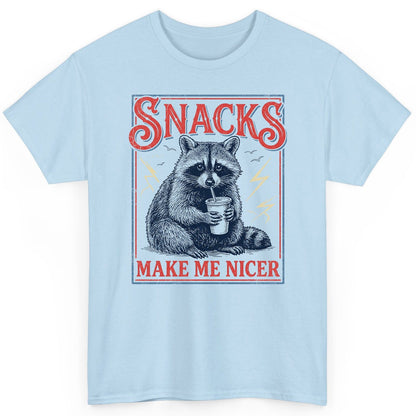 SNACKS MAKE ME NICER Funny Raccoon T-Shirt - product mockup - Light Blue
