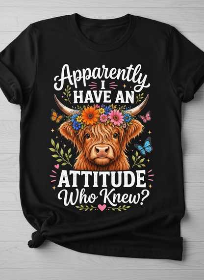 Apparently I Have An Attitude Highland Cow Floral Crown T-Shirt - Black