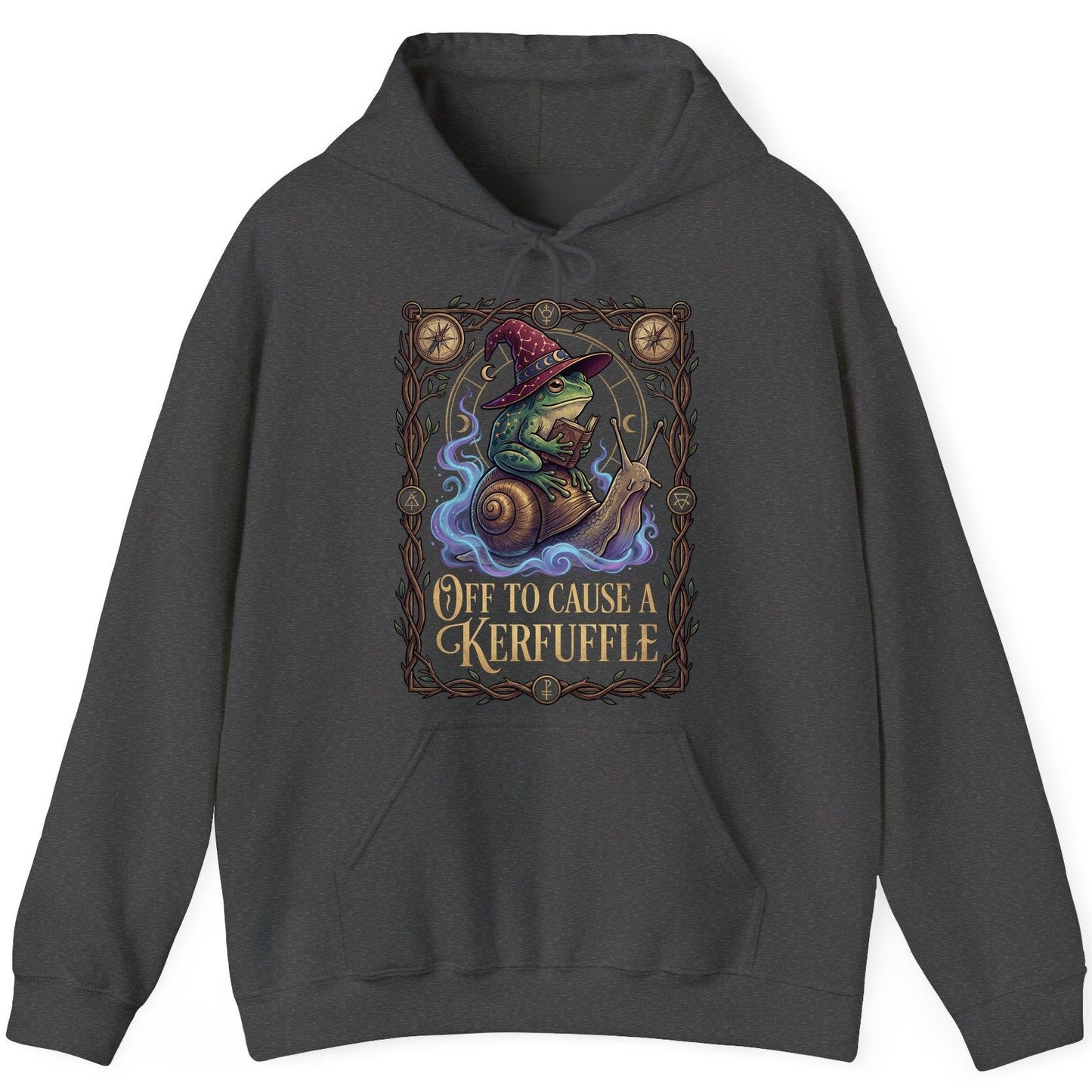 Off to Cause a Kerfuffle frog wizard Hoodie Dark Heather product mockup