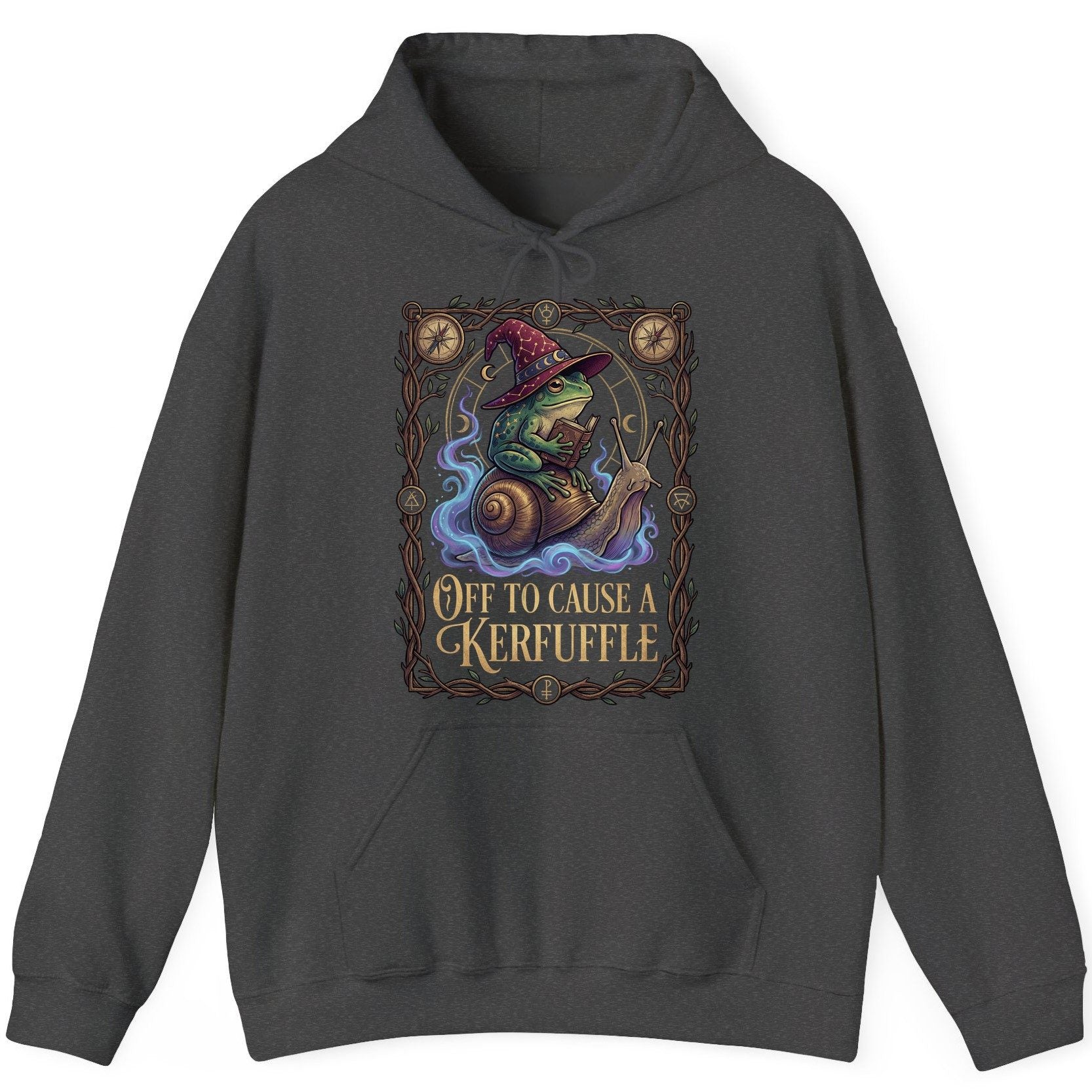 Off to Cause a Kerfuffle frog wizard Hoodie Dark Heather product mockup
