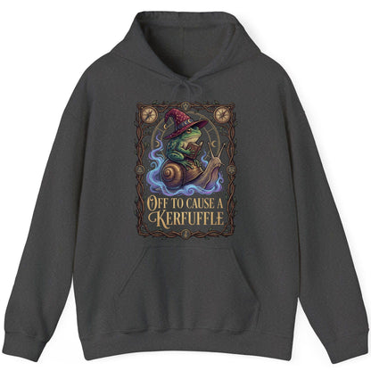 Off to Cause a Kerfuffle frog wizard Hoodie Dark Heather product mockup