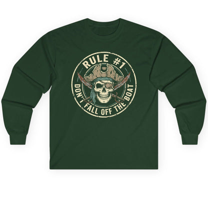 Rule 1 Don't Fall Off the Boat pirate Long Sleeve Tee Forest Green product mockup