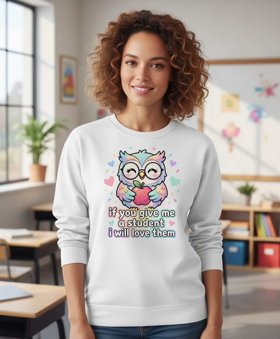 If You Give Me a Student I Will Love Them teacher owl Sweatshirt White lifestyle mockup