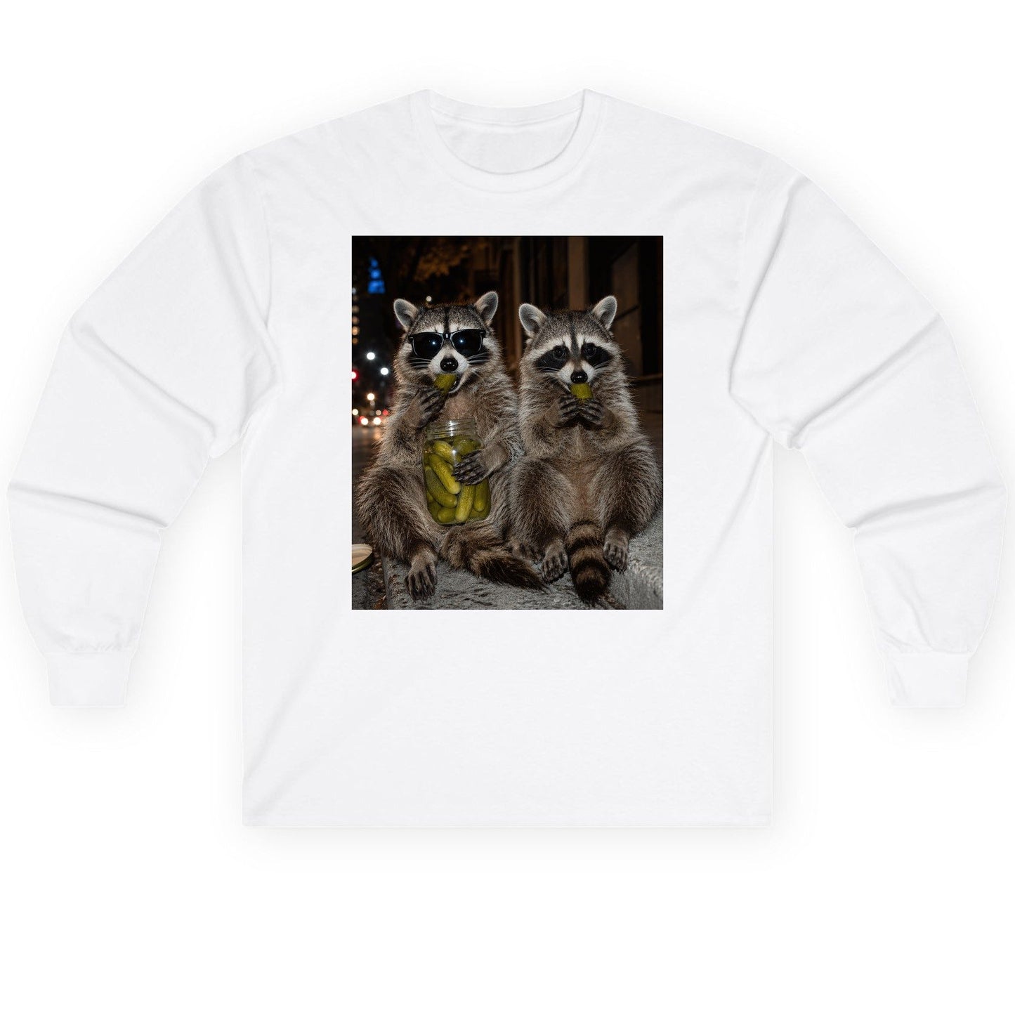 Raccoons Eating Pickles Funny Animal Lovers Long Sleeve Tee - product mockup - White