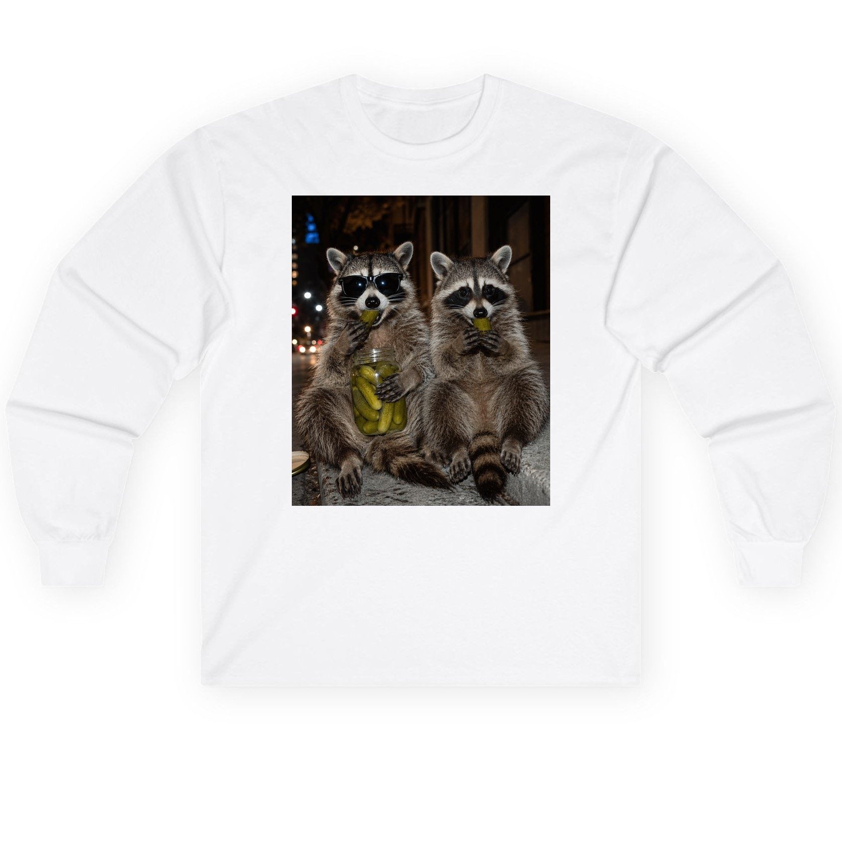 Raccoons Eating Pickles Funny Animal Lovers Long Sleeve Tee - product mockup - White