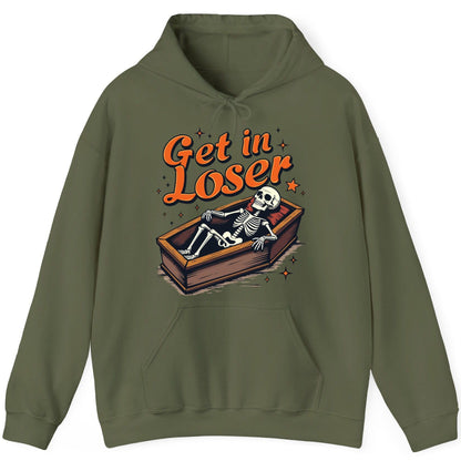 Get in Loser skeleton in coffin Hoodie Military Green product mockup