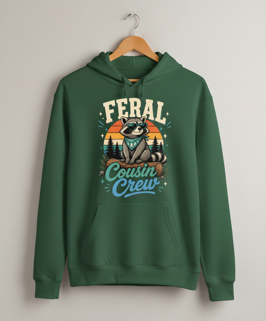 Feral Cousin Crew Raccoon T-Shirt Hoodie - Forest Green