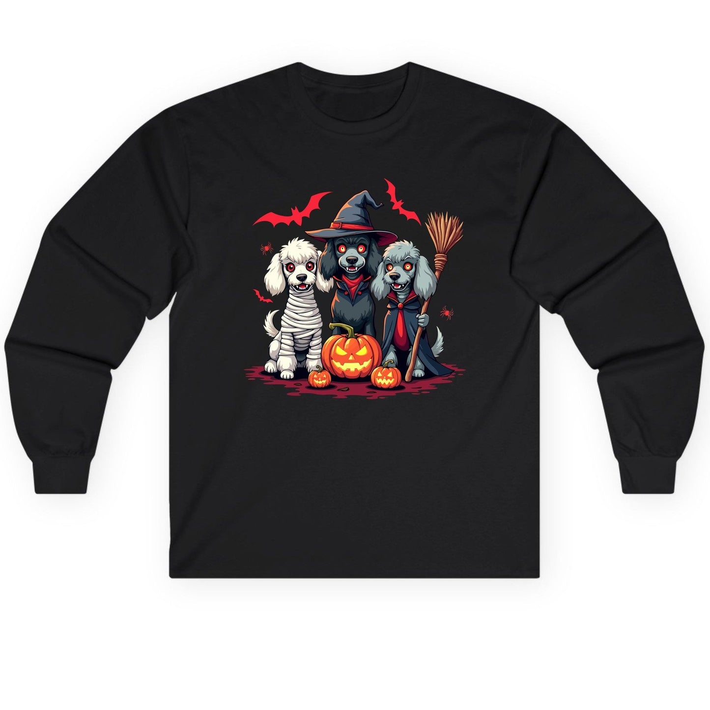 Spooky Poodle Trio Halloween dogs Long Sleeve Tee Black product mockup
