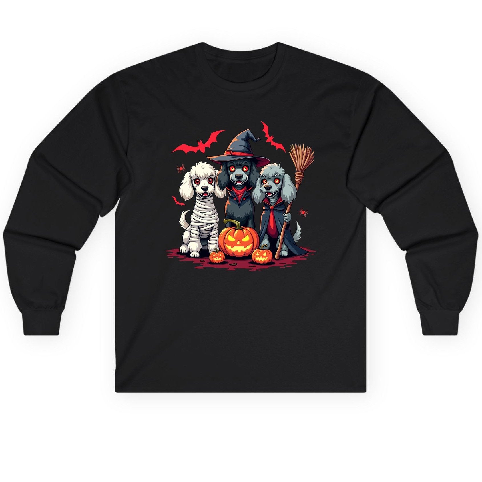 Spooky Poodle Trio Halloween dogs Long Sleeve Tee Black product mockup